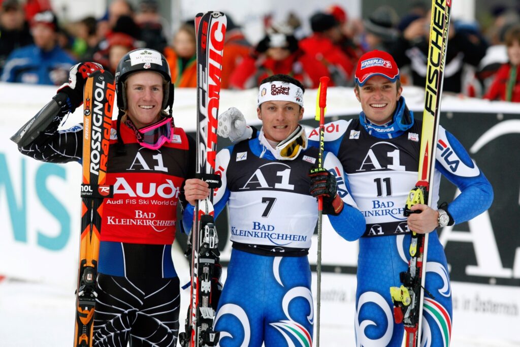 Ted Ligety, Massimiliano Blardone e Manfred Moelgg l'8 dicembre 2007, a Bad Kleinkirchheim