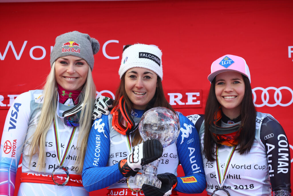 Lindsey Vonn, Sofia Goggia e Tina Weirather: il podio della coppa di discesa nel 2017-2018 ©Pentaphoto
