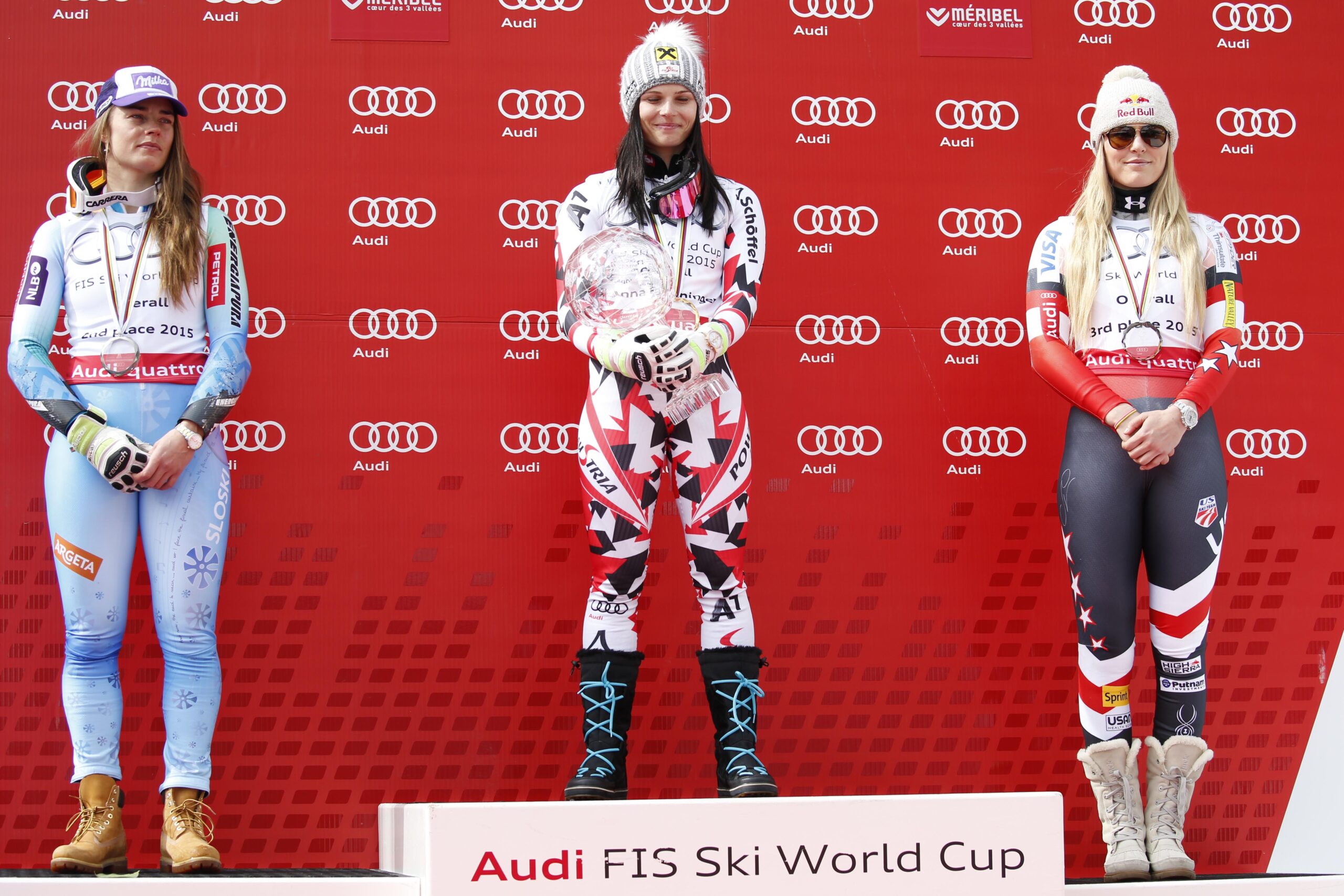 Meribel, 20 marzo 2015: il podio della classifica generale di Coppa dopo un duello epico Maze-Fenninger. Da sinistra Tina Maze, Anna Fenninger, Lindsey Vonn ©Pentaphoto