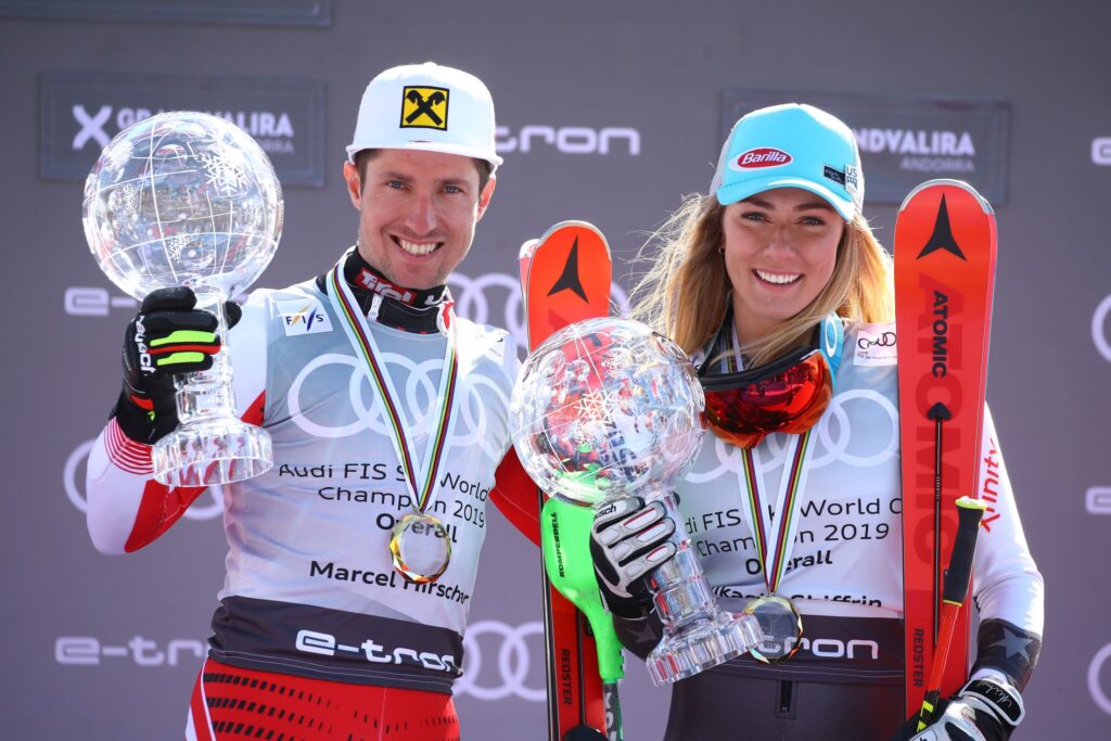 Marcel Hirscher e Mikaela Shiffrin con la Coppa del Mondo 2018-2019 ©Pentaphoto