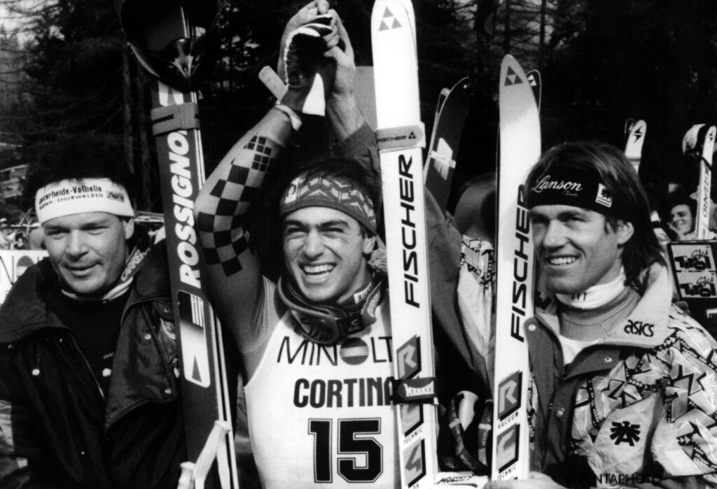 Kristian Ghedina a Cortina nel febbraio 1990: prima vittoria in Coppa del Mondo ©Pentaphoto