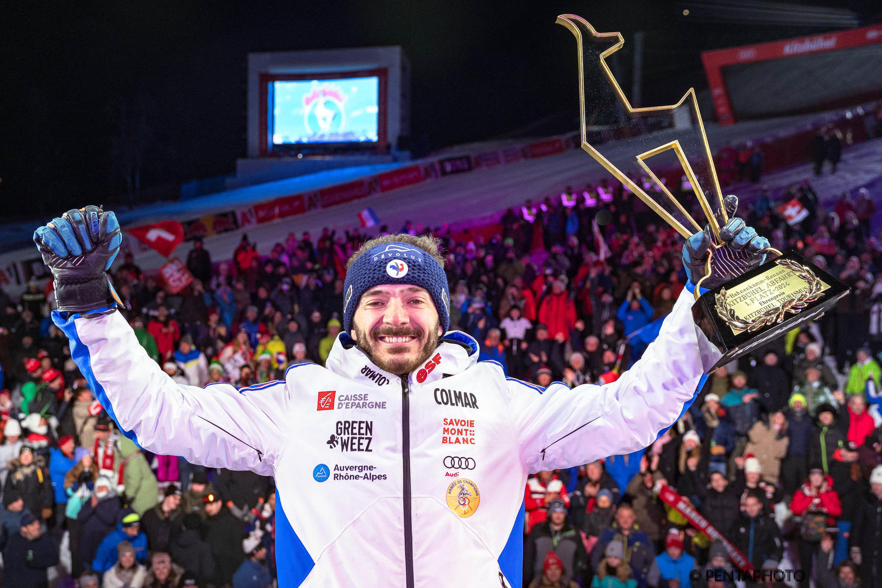 19 gennaio 2024: primo trionfo in discesa sulla Streif per Cyprien Sarrazin. Farà il bis il giorno dopo. ©Pentaphoto