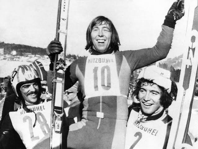 Stefano Anzi e Giuliano Besson secondi a parimerito a Kitzbühel '74 dietro Roland Collombin 