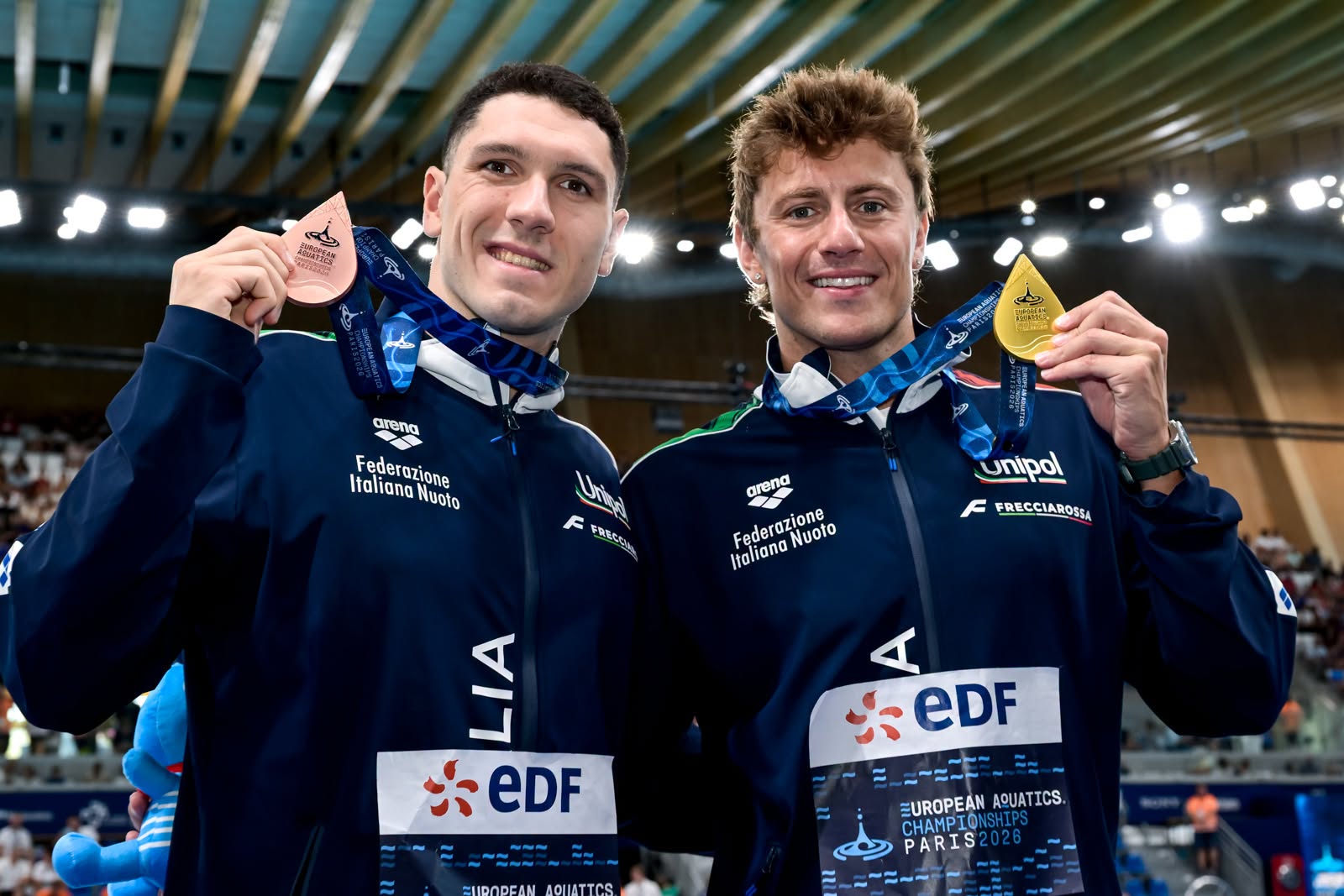 Simone Cerasuolo-Nicolò Martinenghi, bronzo e oro sui 100 rana maschili. Era già accaduto a Debrecen 2012, con Scozzoli (oro) e Pesce (bronzo) ©FIN