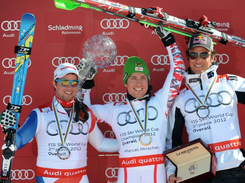 Beat Feuz, Marcel Hirscher, Aksel Lund Svindal: il podio finale della Coppa del Mondo generale 2011-2012 ©Pentaphoto