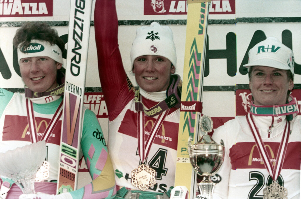Maria Walliser, regina di Crans Montana 1987 con 2 ori (discesa e superG) e 1 bronzo in gigante. Michela Figini, compagna-rivale, le finì sempre dietro: 2ª in DH e SG, 4ª in GS! ©Pentaphoto