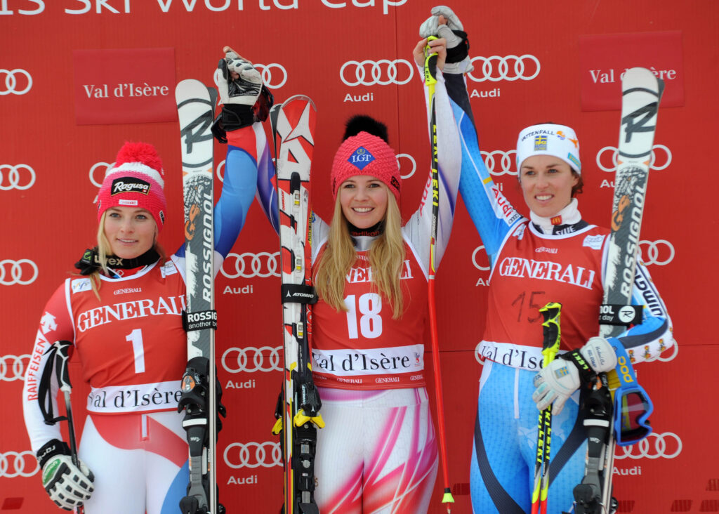 Ultimo gigante femminile in Val d'Isere: 22 dicembre 2013. Il podio. Da sinistra: Lara Guy, Tina Weirather, Maria Pietilä Holmner ©Pentaphoto