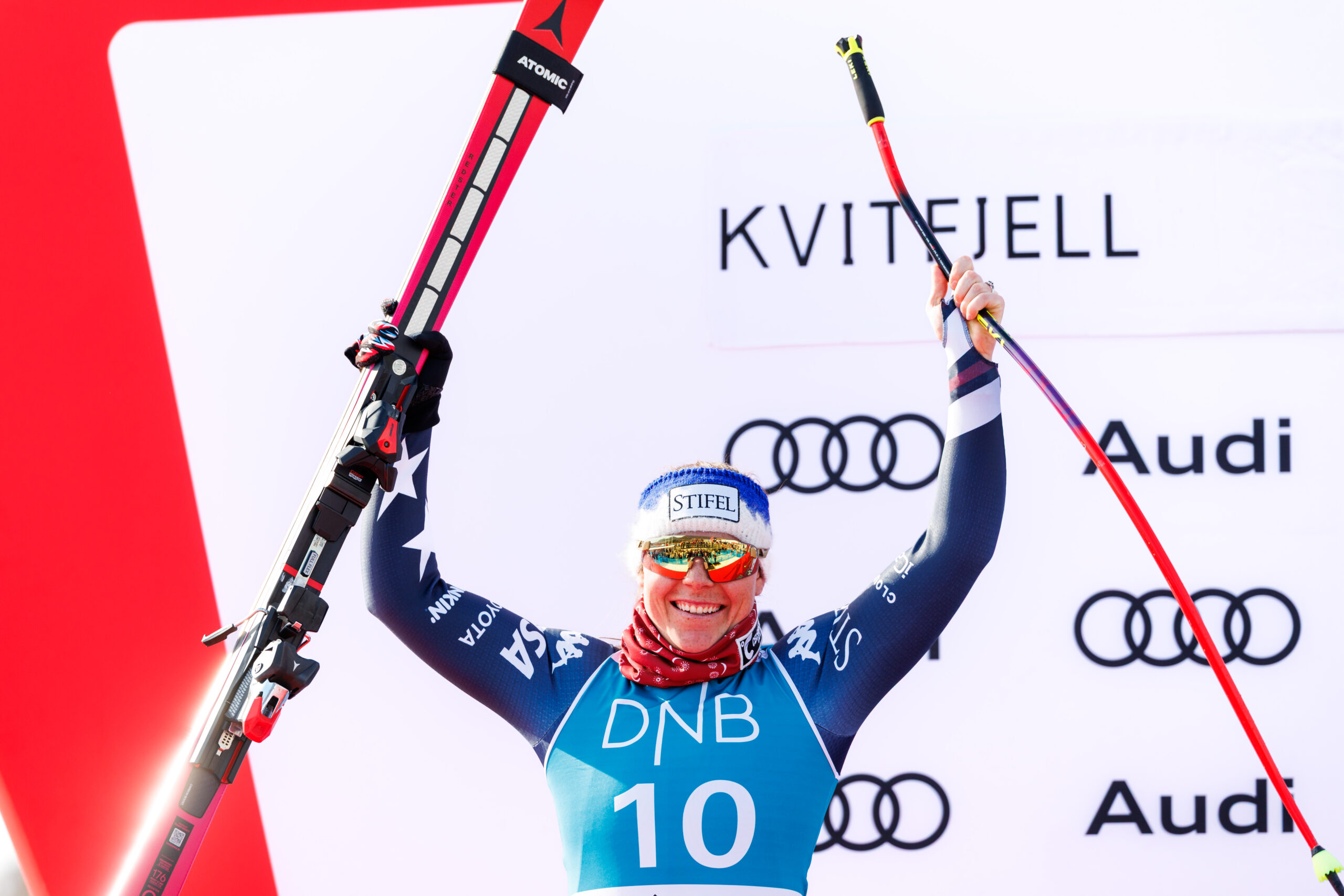 Breezy Johnson, 30 anni, statunitense del Wyoming, oro olimpico e mondiale in carica in discesa libera. Non ha mai vinto una gara in Coppa del Mondo ©GEPA