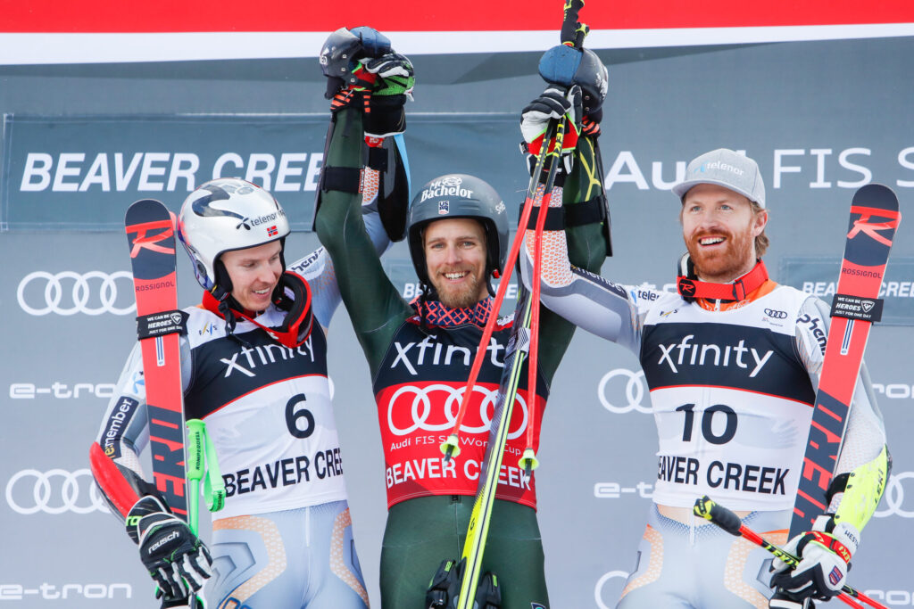 Beaver Creek, 08/12/2019. Il podio del gigante maschile di Coppa del Mondo. Da sinistra: Kristoffersen (NOR) 2°; Ford (USA) 1°; Nestvold-Haugen (NOR) 3° ©Pentaphoto 