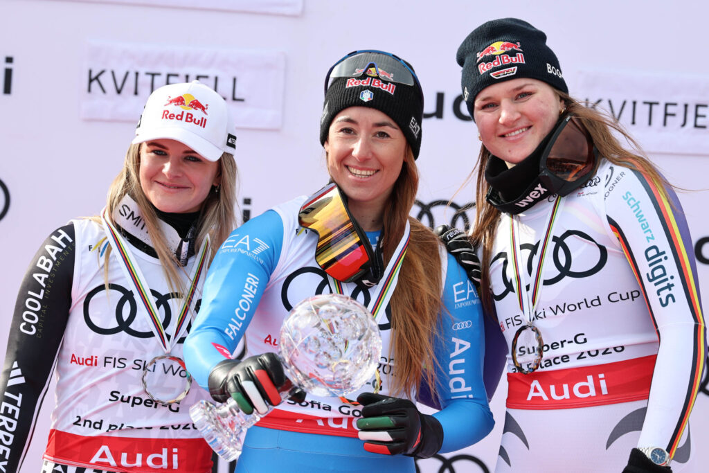 Robinson, Goggia, Aicher: il podio della classifica di superG 2025-2026 ©Pentaphoto