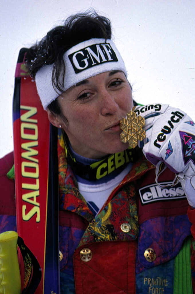 Carole Merle, oro mondiale in slalom gigante a Morioka 1993. Vinse davanti a Wachter (AUT) ed Ertl (GER). Quinta fu Sabina Panzanini ©Pentaphoto